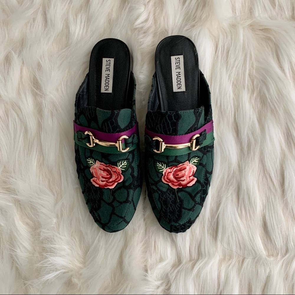 Steve Madden Green Kandi Rose Embroidered Mules